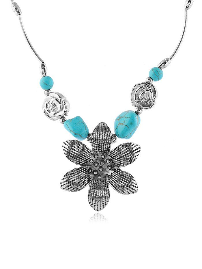 

Metal Flower Artificial Turquoise Pendant Necklace, Silver