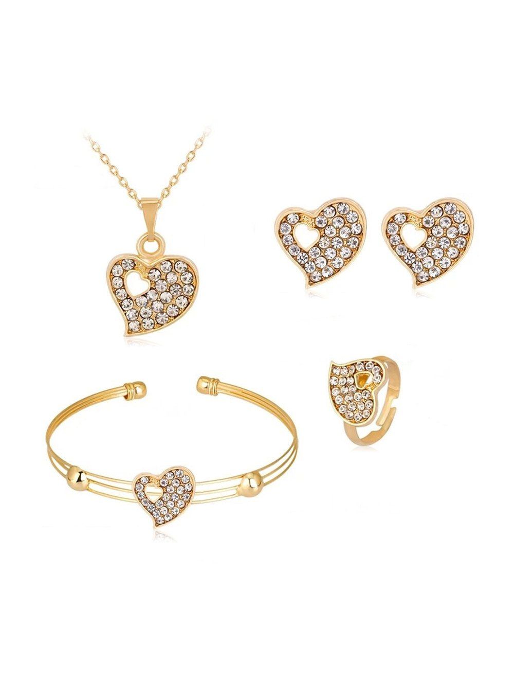 

Hollow Rhinestone Heart Jewelry Set, Gold