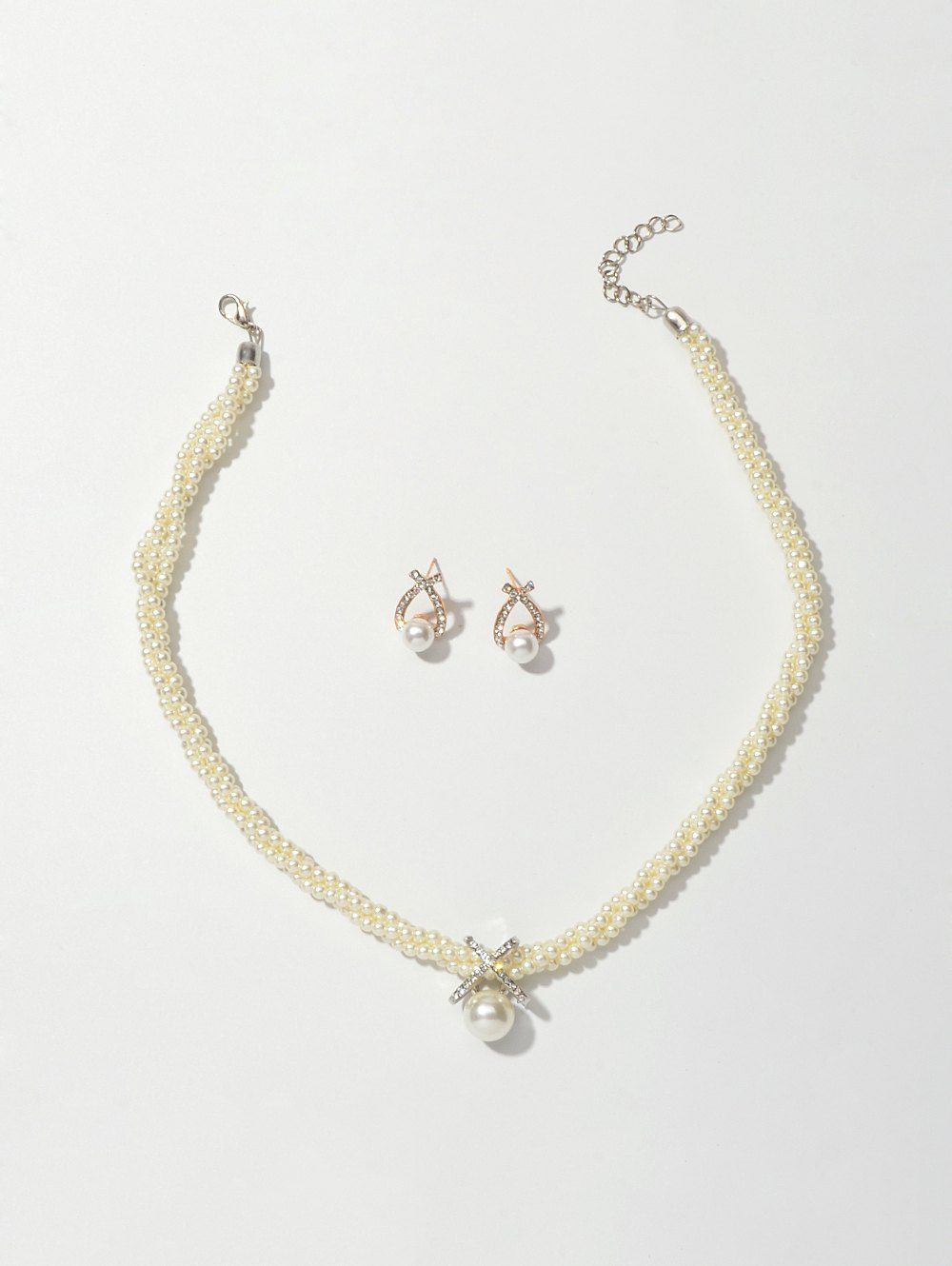 

Rhinestone Artificial Pearl Necklace Stud Earrings Set, Gold