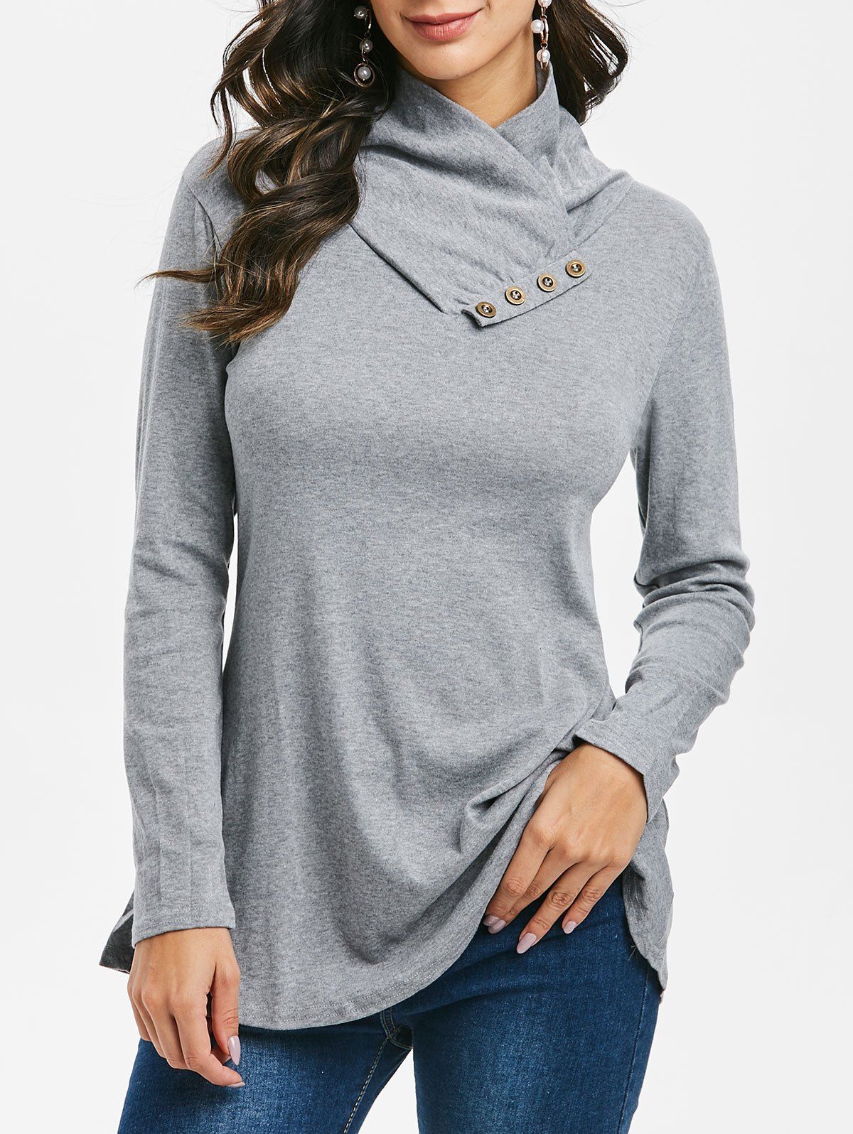 

Cowl Neck Buttoned Long Sleeve Top, Gray