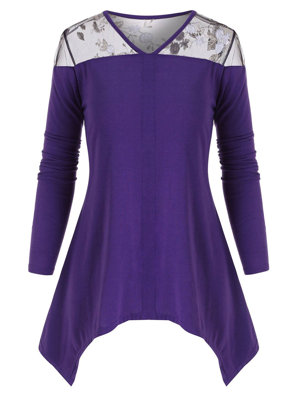 

Floral Embroidered Mesh Panel V Neck Top, Purple amethyst