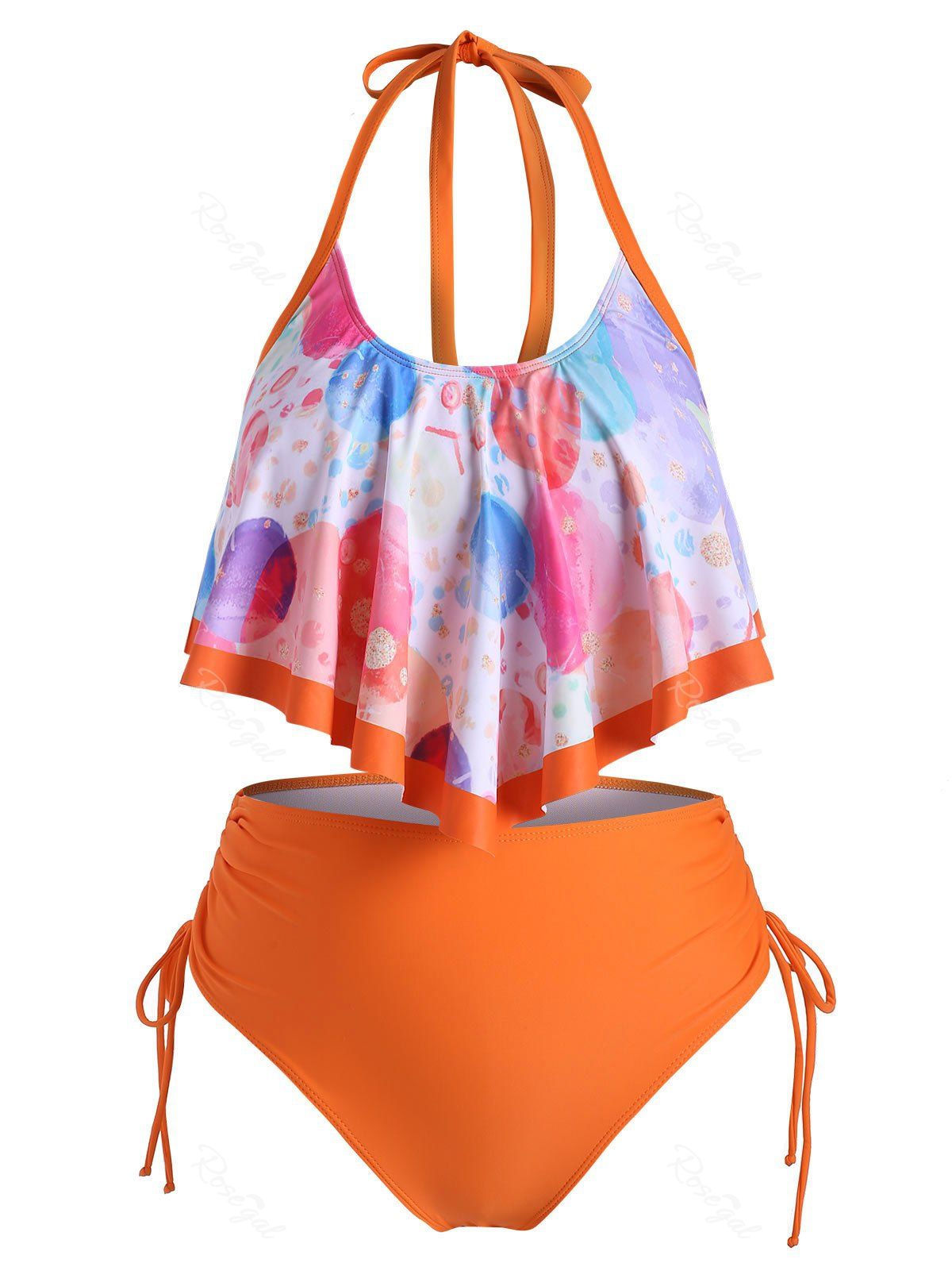 

Overlay Flounces Funny Planet Cinched Side Plus Size Tankini Swimsuit, Orange