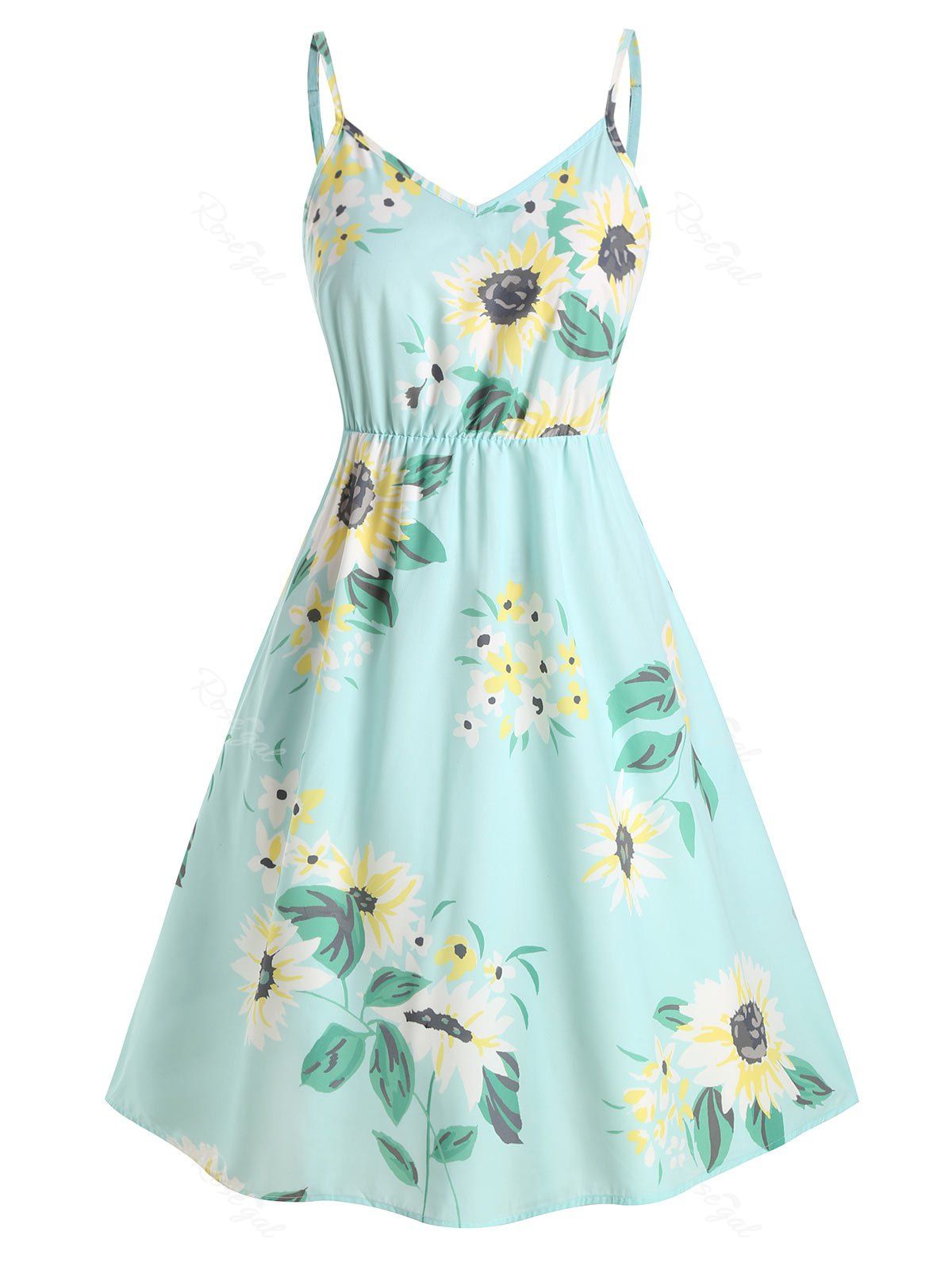 

Plus Size Smocked Sunflower Print Midi Dress, Light aquamarine
