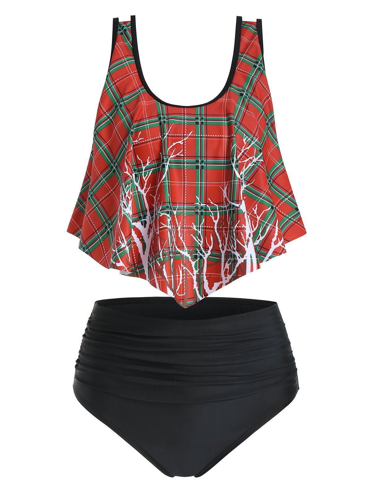 Outfits Plaid Tree Print High Waisted Ruched Tankini Swimsuit  