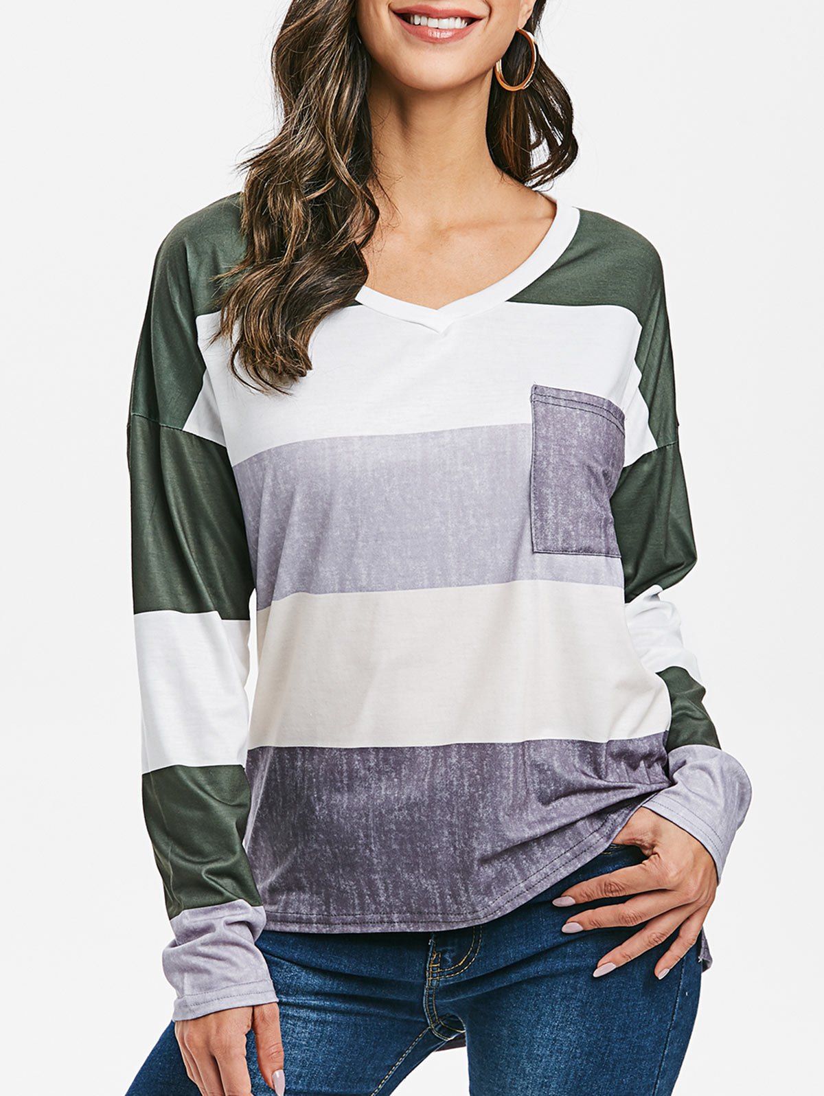 

Colorblock V Neck High Low Tee, Fern green