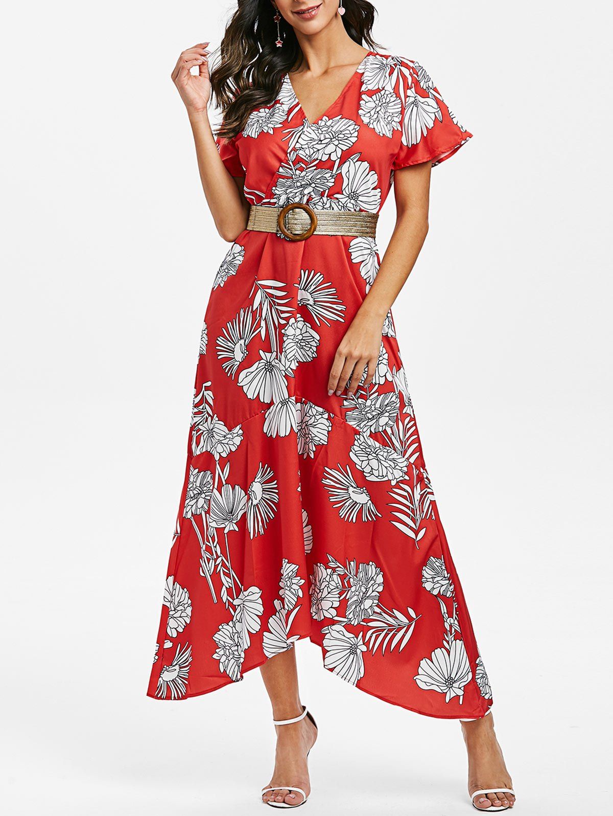 

Floral Print Belted Asymmetric Dress, Red