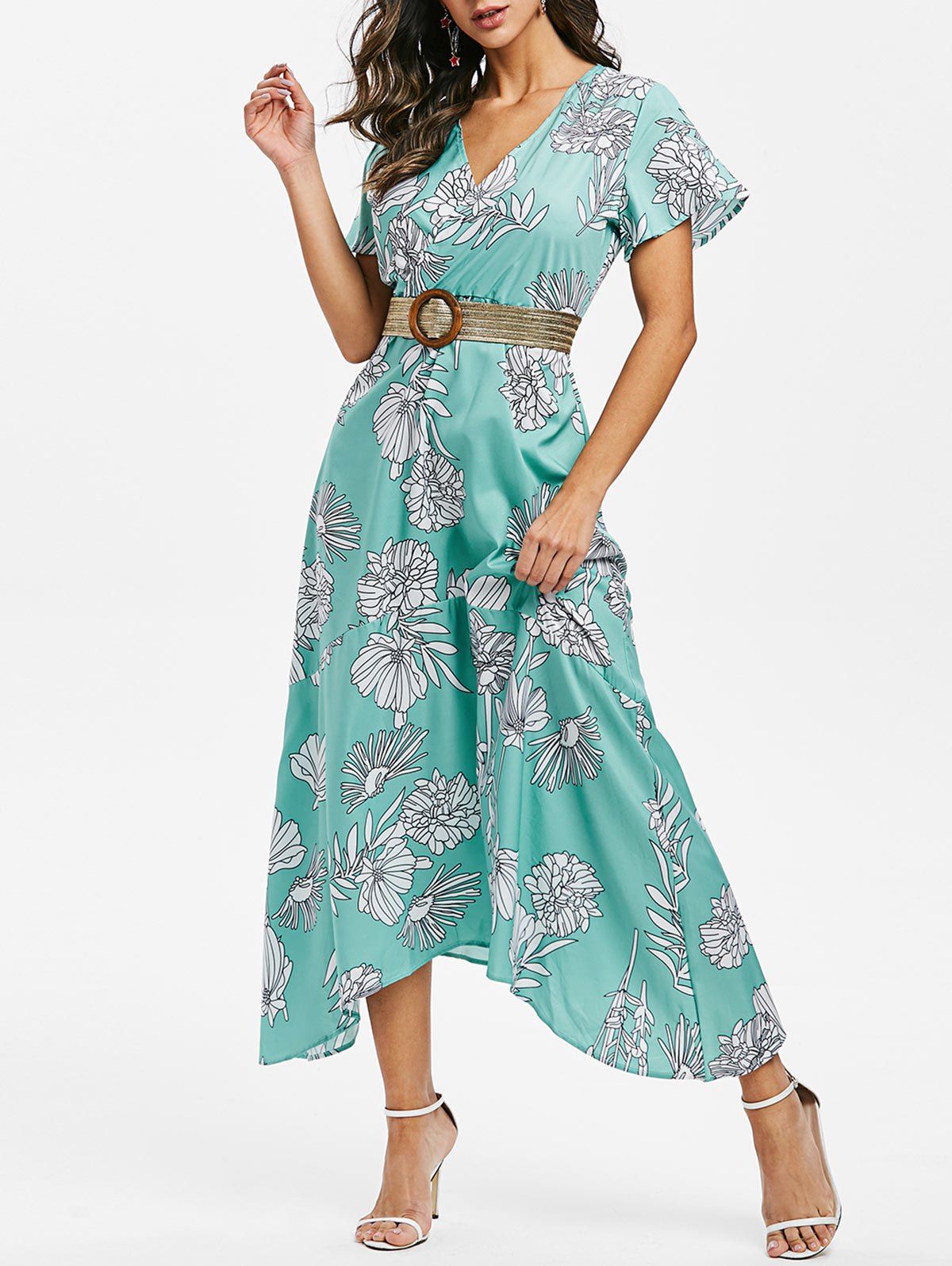 

Floral Print Belted Asymmetric Dress, Aquamarine