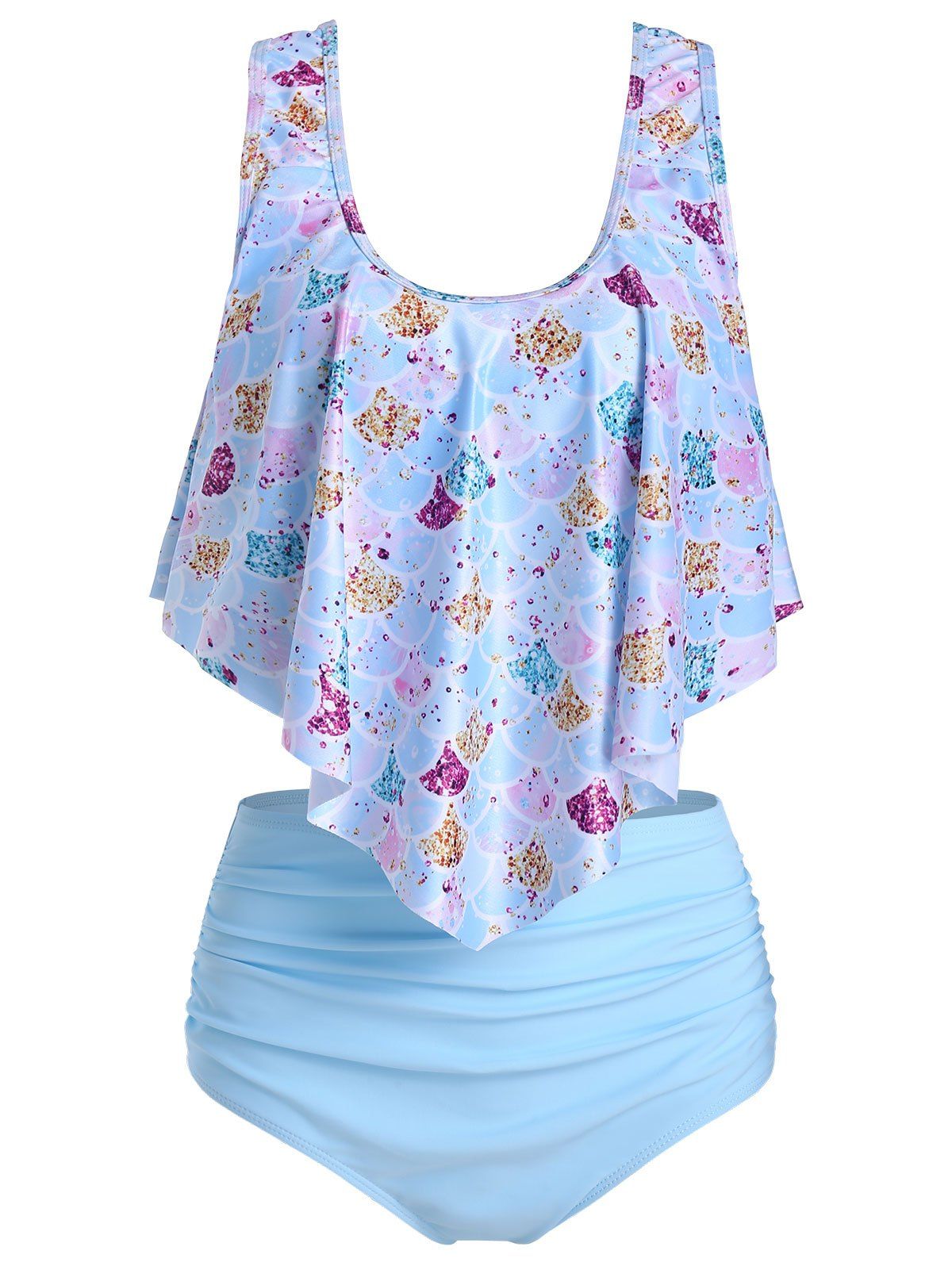 

Mermaid Print High Waisted Asymmetrical Tankini Swimsuit, Day sky blue
