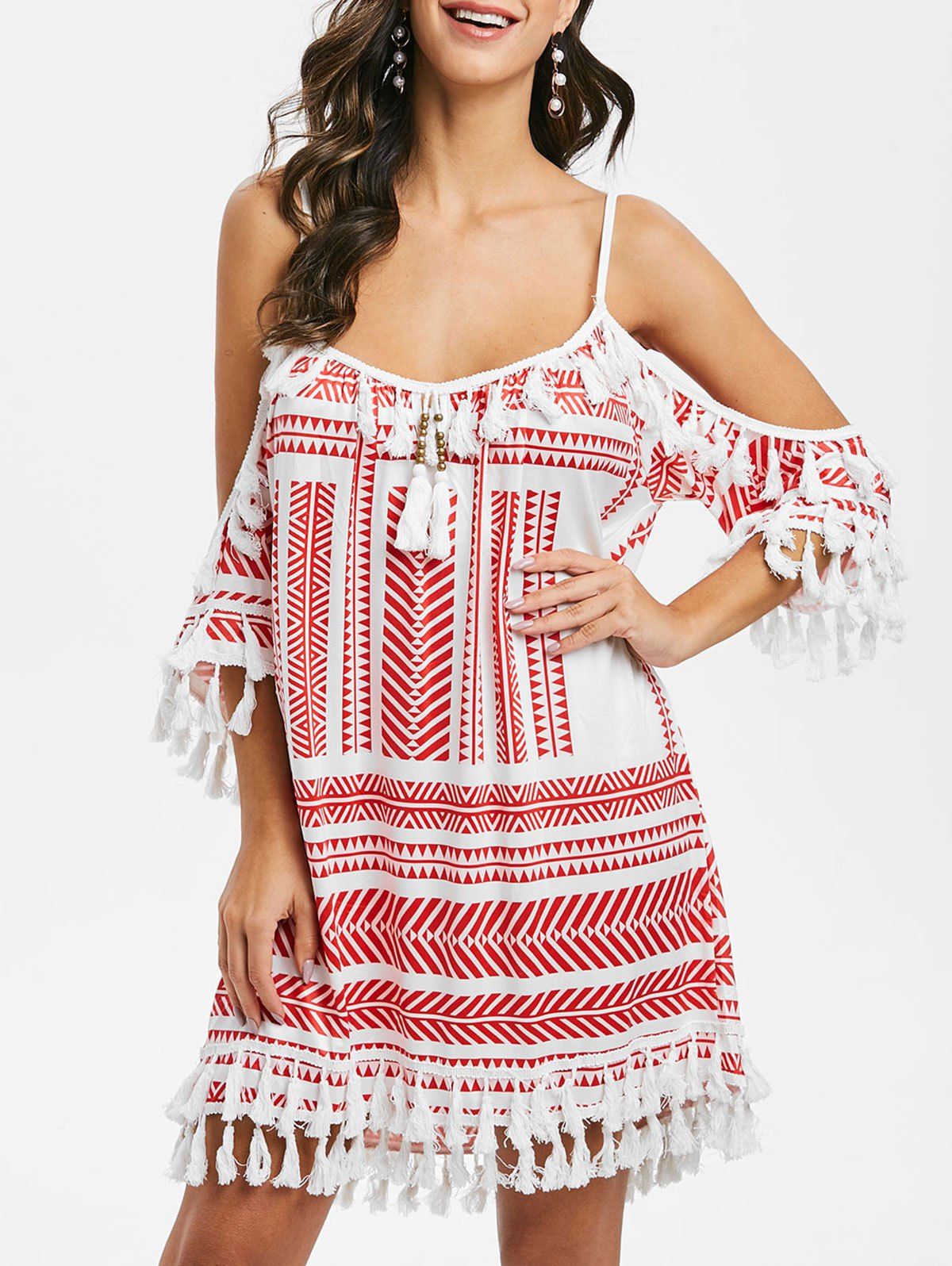 

Geometric Print Tassels Cami Dress, Red