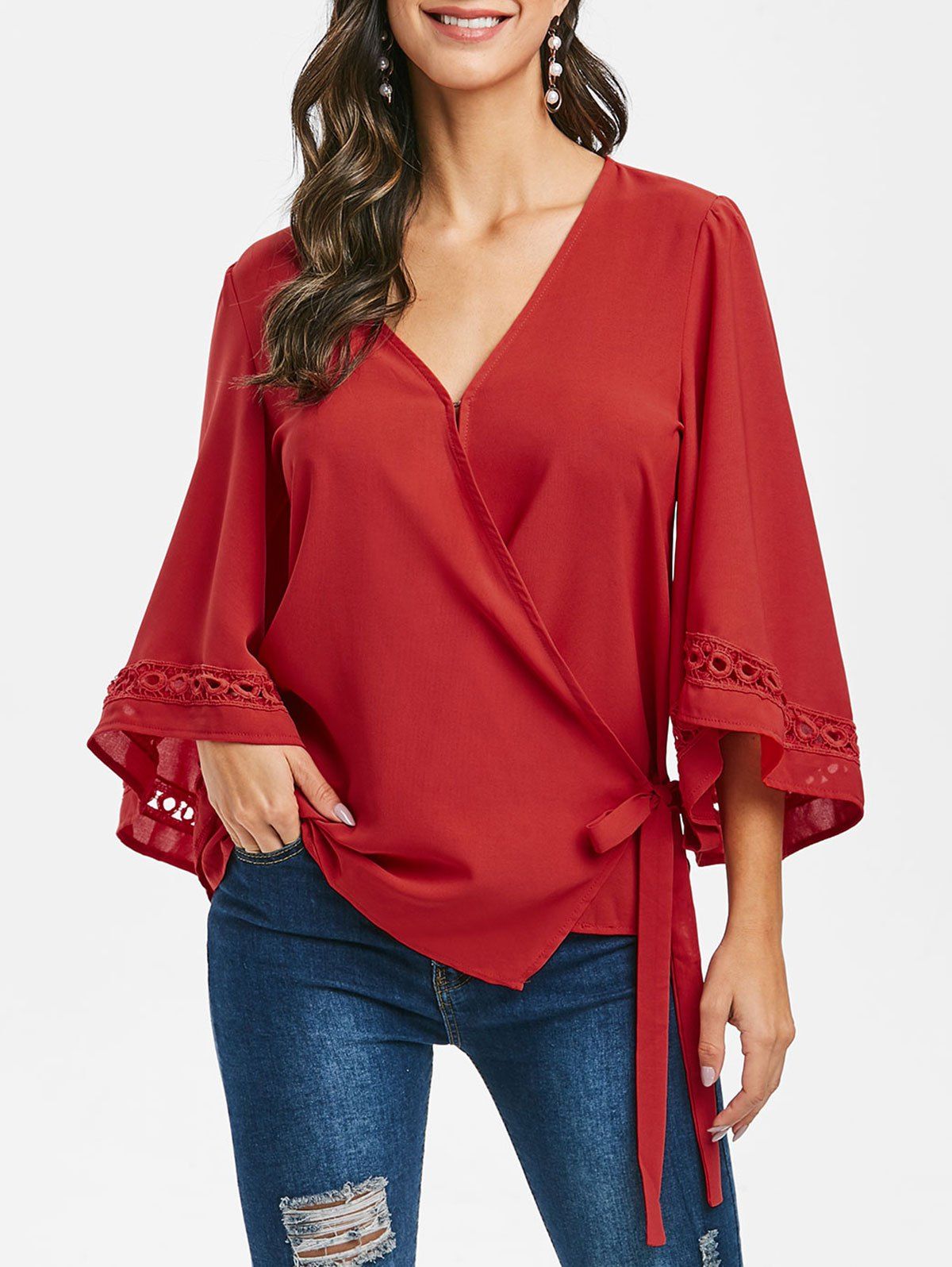 

Kimono Sleeves V Neck Tie Hem Surplice Blouse, Lava red