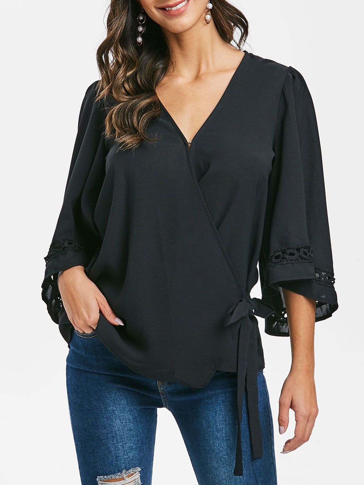 pleated kimono sleeve surplice wrap blouse