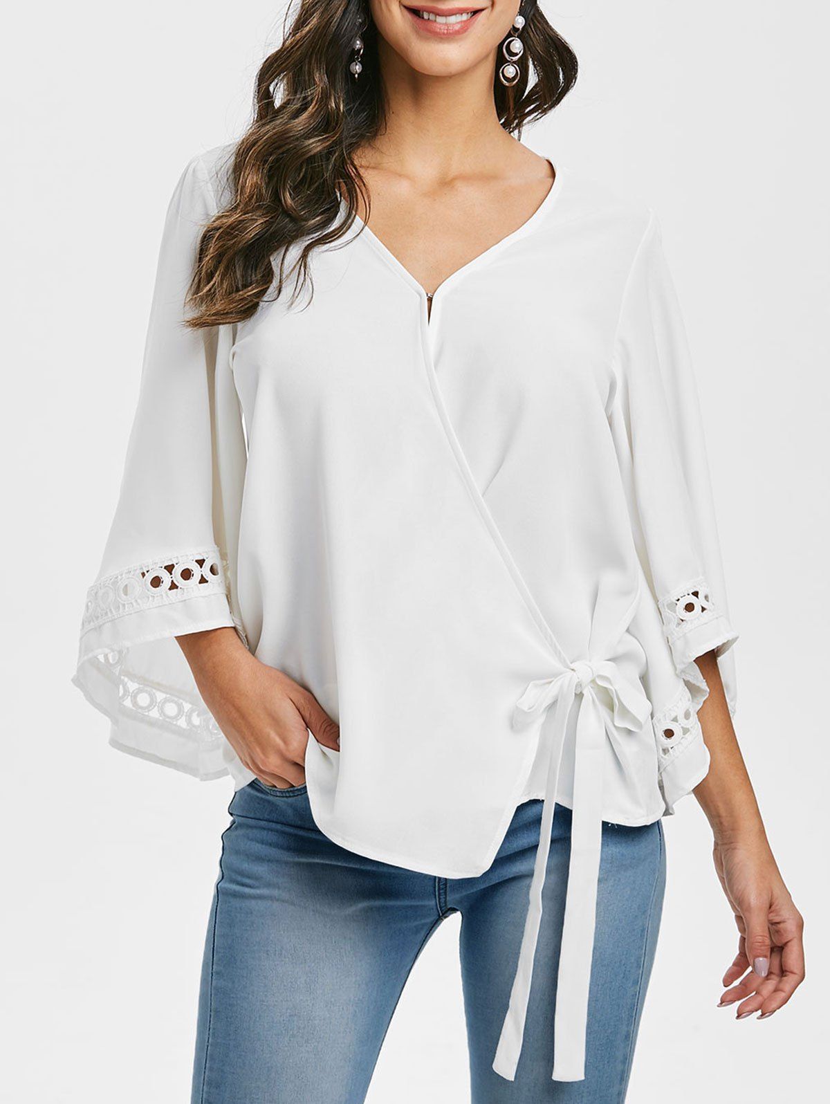 

Kimono Sleeves V Neck Tie Hem Surplice Blouse, White