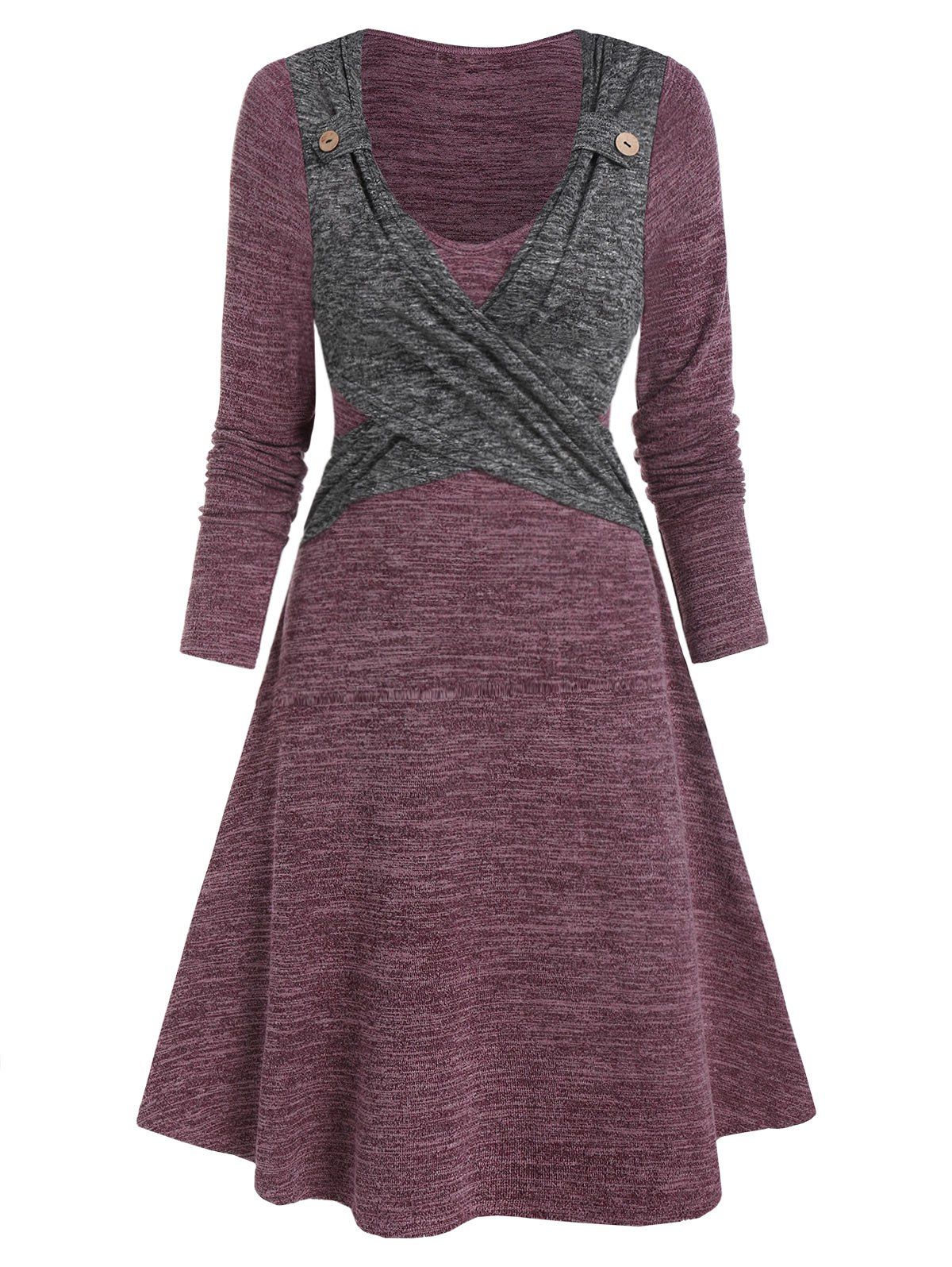 

Long Sleeve Contrast Heathered Crossover Dress, Multi-a