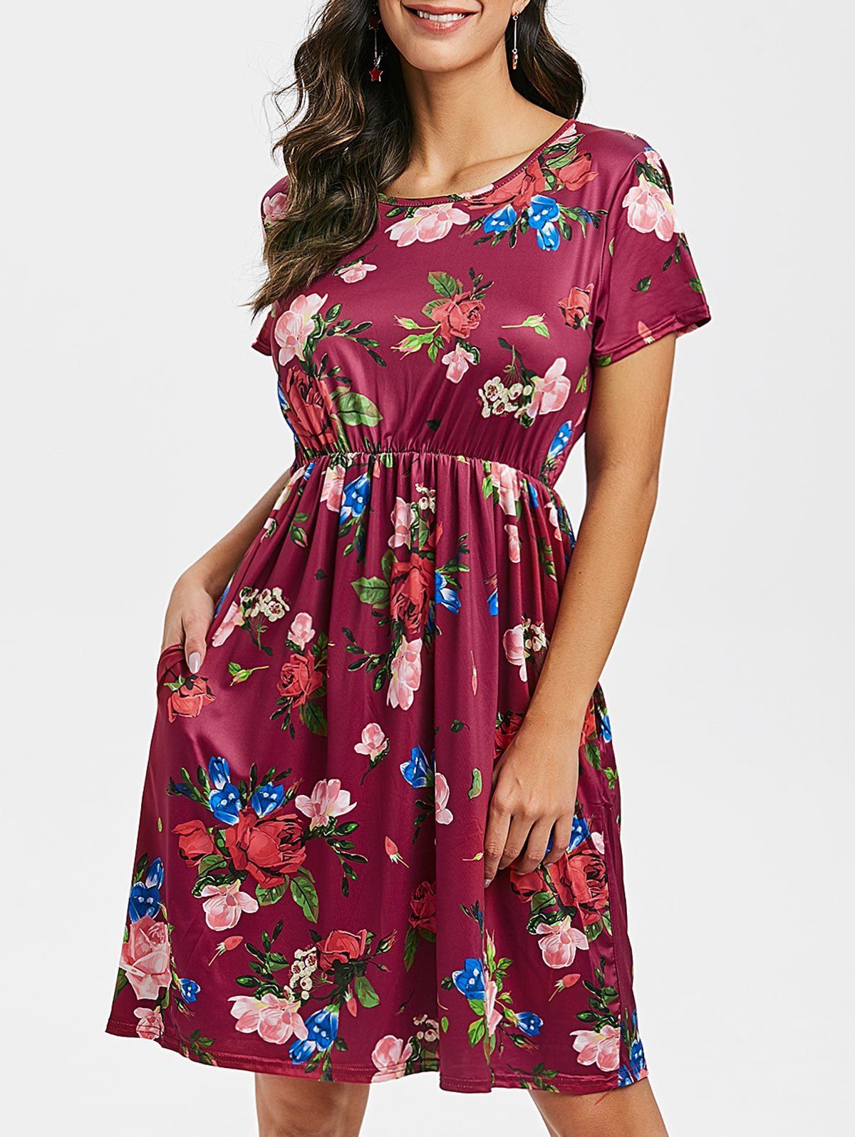 

Floral Print Short Sleeves A Line Dress, Maroon