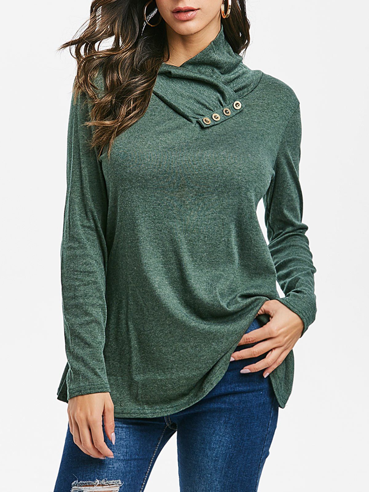 

Cowl Neck Buttoned Long Sleeve Top, Hazel green