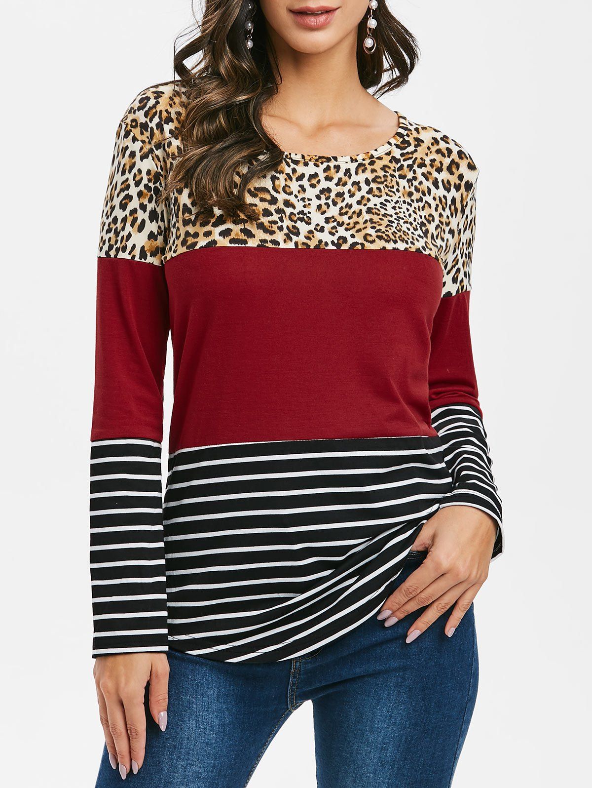 

Striped Panel Leopard Long Sleeve Top, Red wine