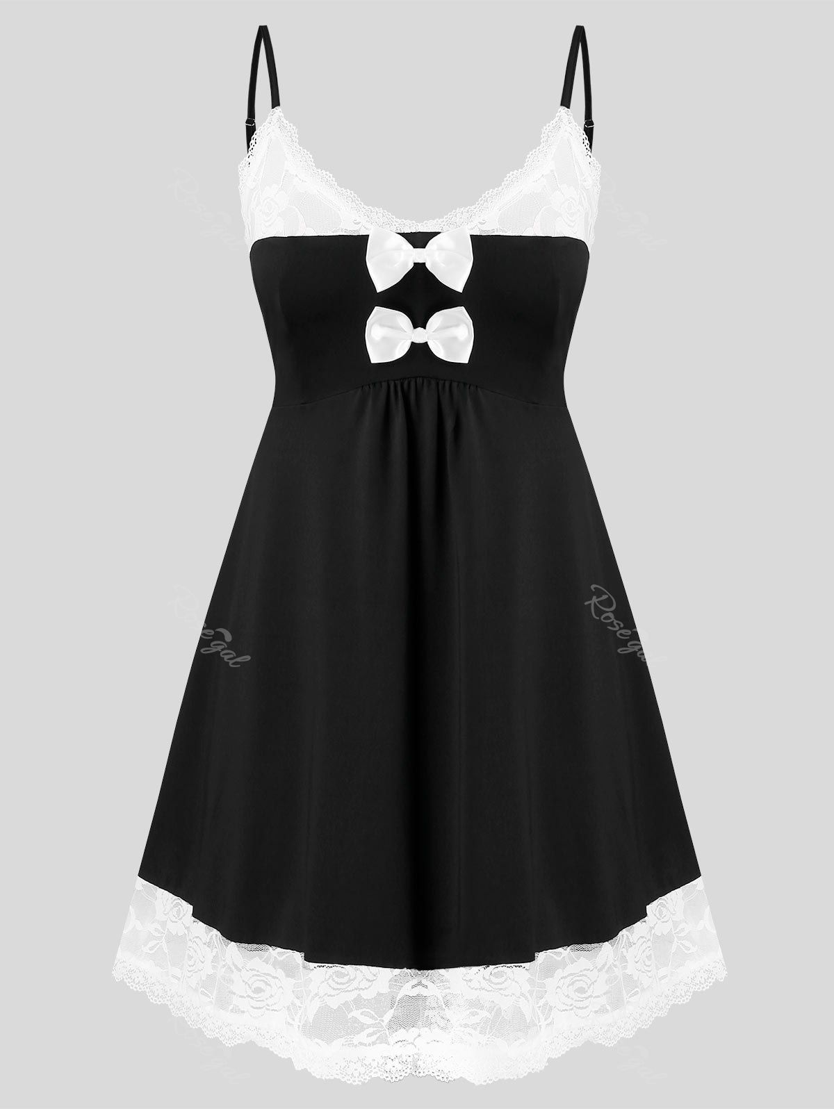 

Plus Size Two Tone Lace Panel Bowknot Lingerie Tank Top, Black