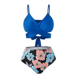 

Plus Size Floral Print Crisscross Tankini Swimsuit, Blueberry blue