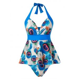 

Plus Size Peacock Feather Halter Ruched Tankini Swimwear, Multi