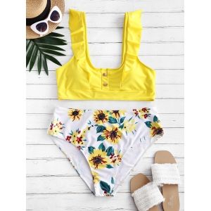 

Buttoned Ruffles Sunflower Plus Size Bikini Swimsuit, Yellow