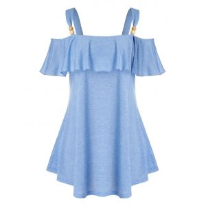 

Plus Size Heather Beading Flounce Cold Shoulder T-shirt, Crystal blue