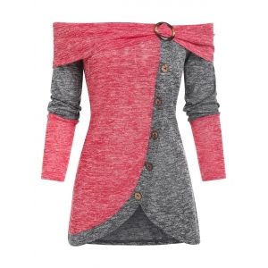 

Off The Shoulder Contrast Heathered Mock Button T-shirt, Gray