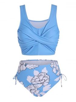 Floral Print Twist Ruched Tankini Set - LIGHT SKY BLUE - 3XL