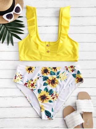 Buttoned Ruffles Sunflower Plus Size Bikini Swimsuit