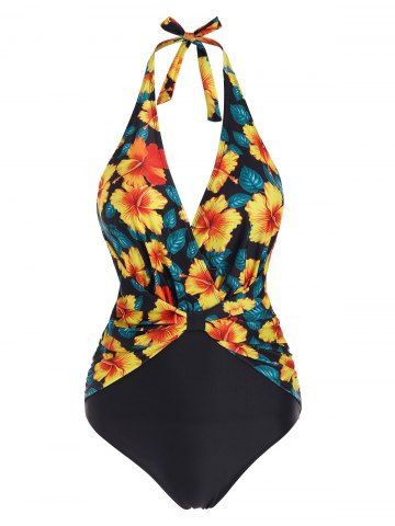 Halter Floral Bow One-piece Swimsuit - MULTI - S