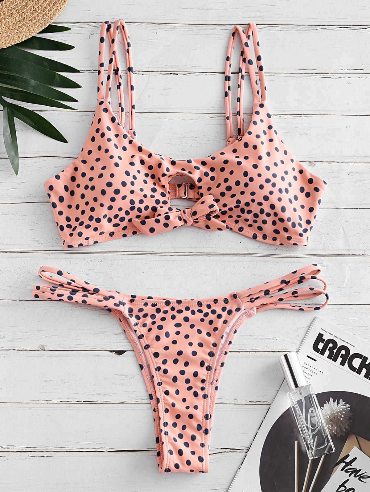 

Polka Dot Keyhole Bowknot Lattice Bikini Swimwear, Orange pink