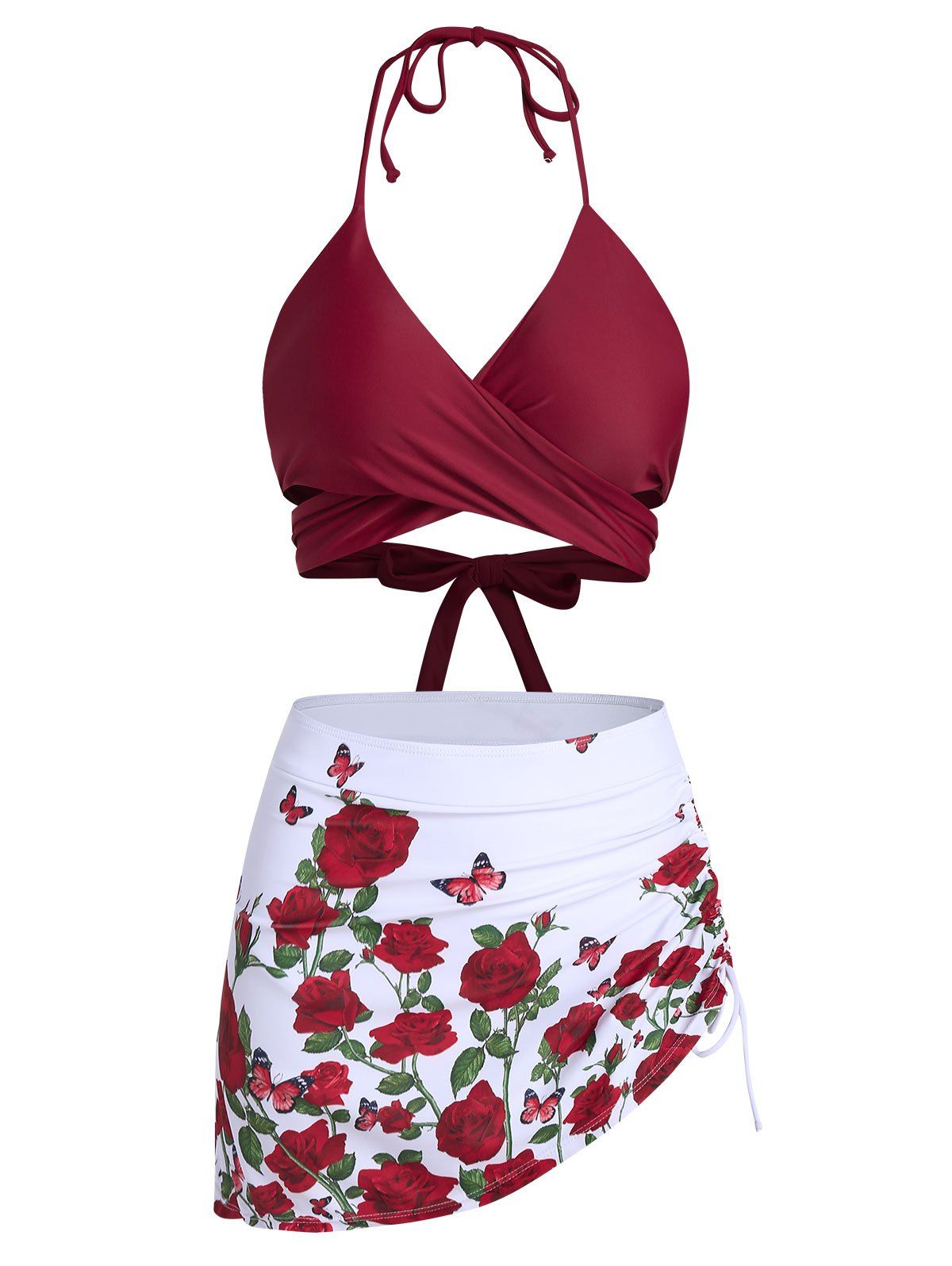 

Butterfly and Flower Print Wrap Cinched Bikini Swimsuit, Red wine