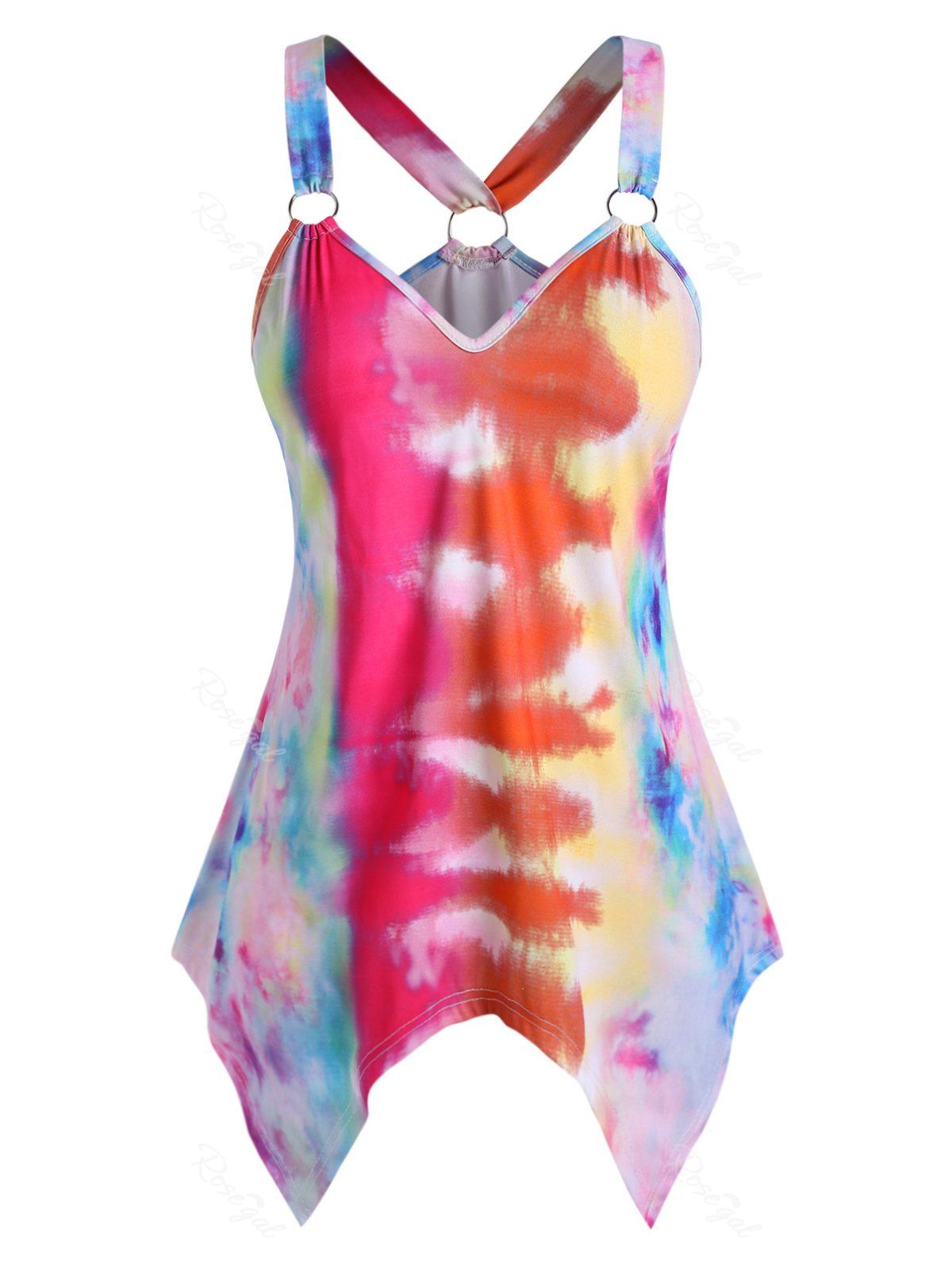 Outfits Plus Size O Ring Tie Dye Handkerchief Tank Top  