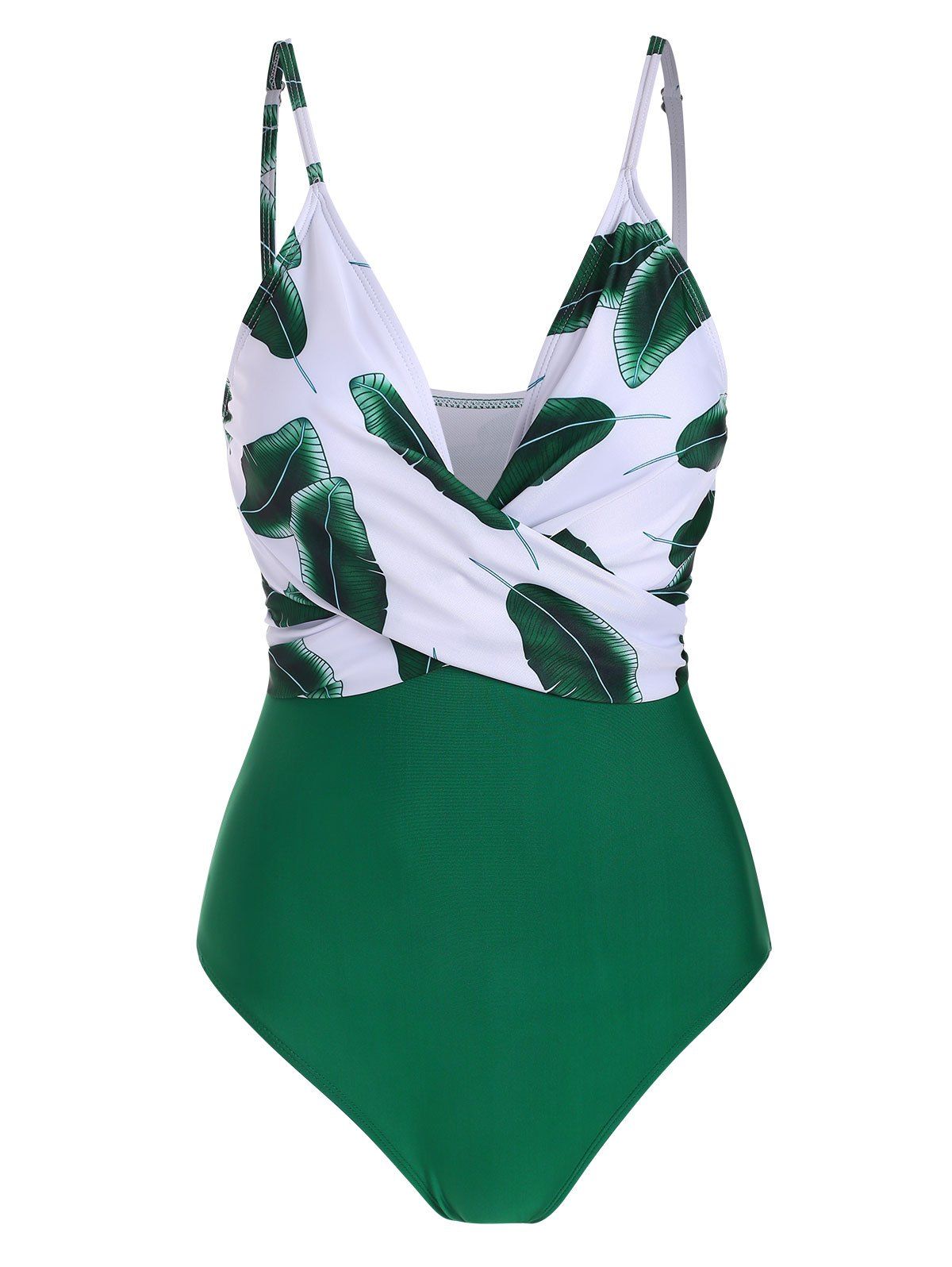 

Leaf Print Twist-front One-piece Swimsuit, Medium spring green