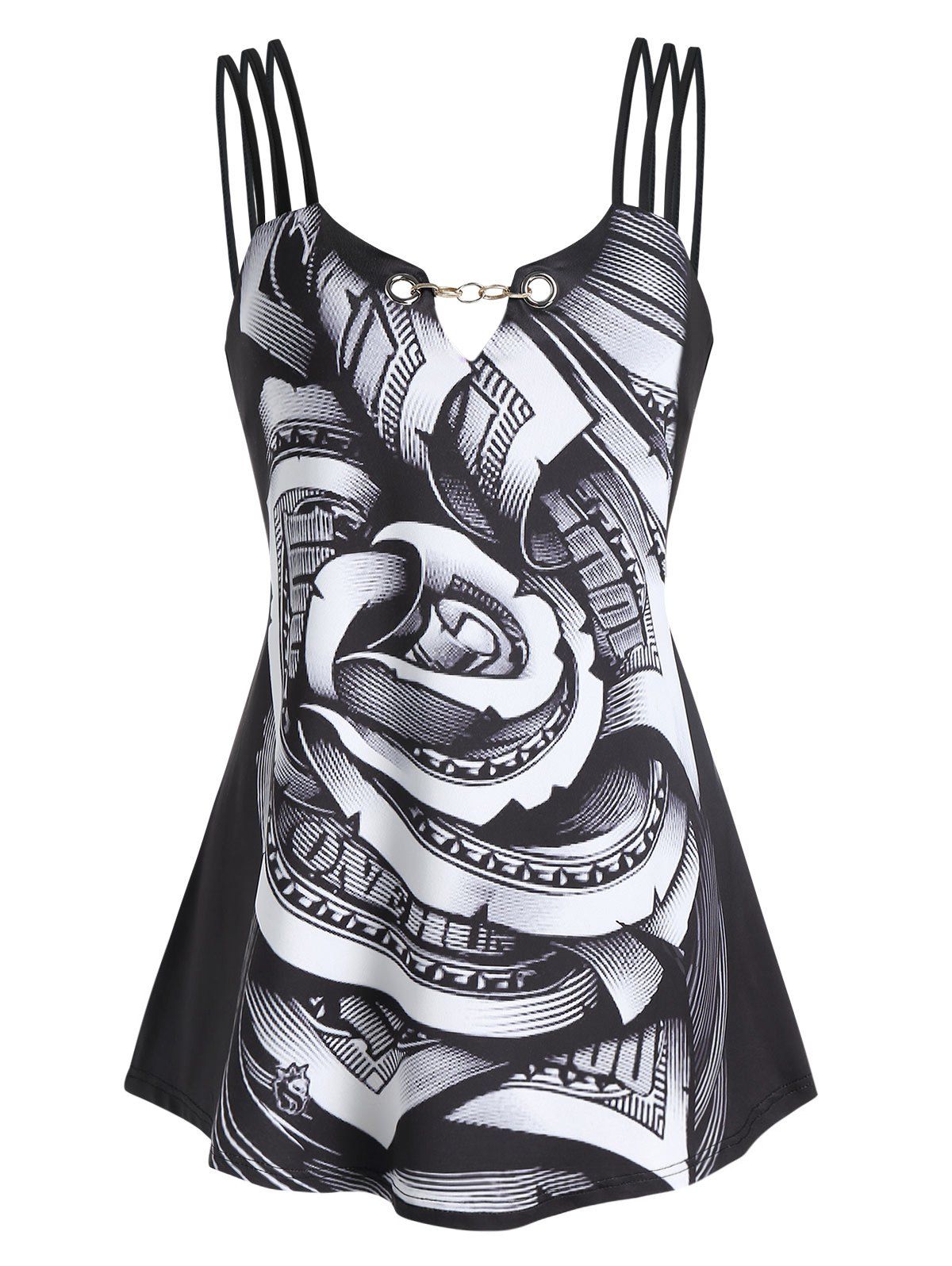 

3D Money Rose Print Chain Detail Tank Top, Black
