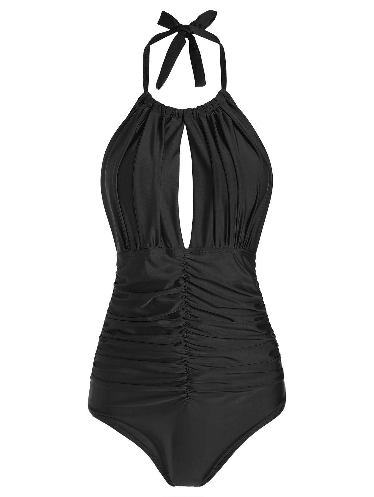 

Halter Ruched Keyhole One-piece Swimsuit, Black