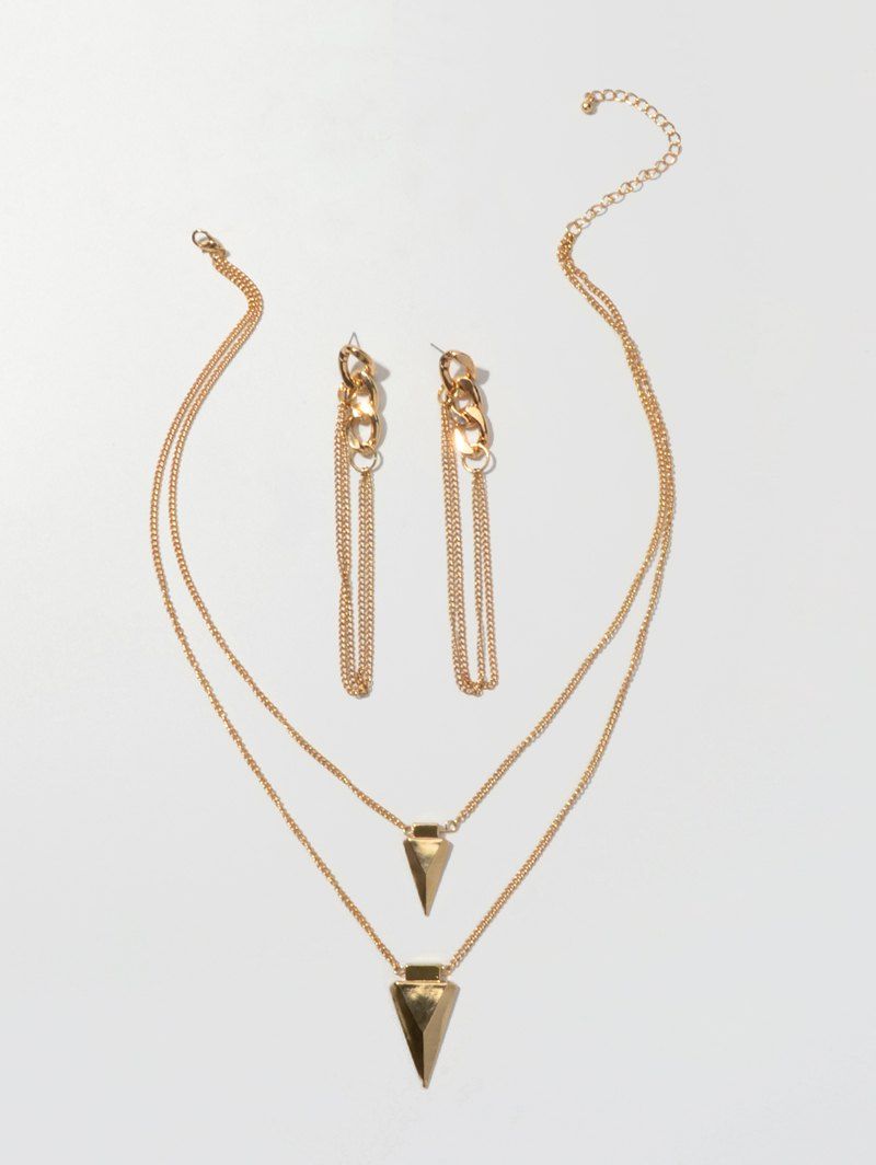 

Triangle Double Layer Necklace And Long Chain Earrings Set, Gold