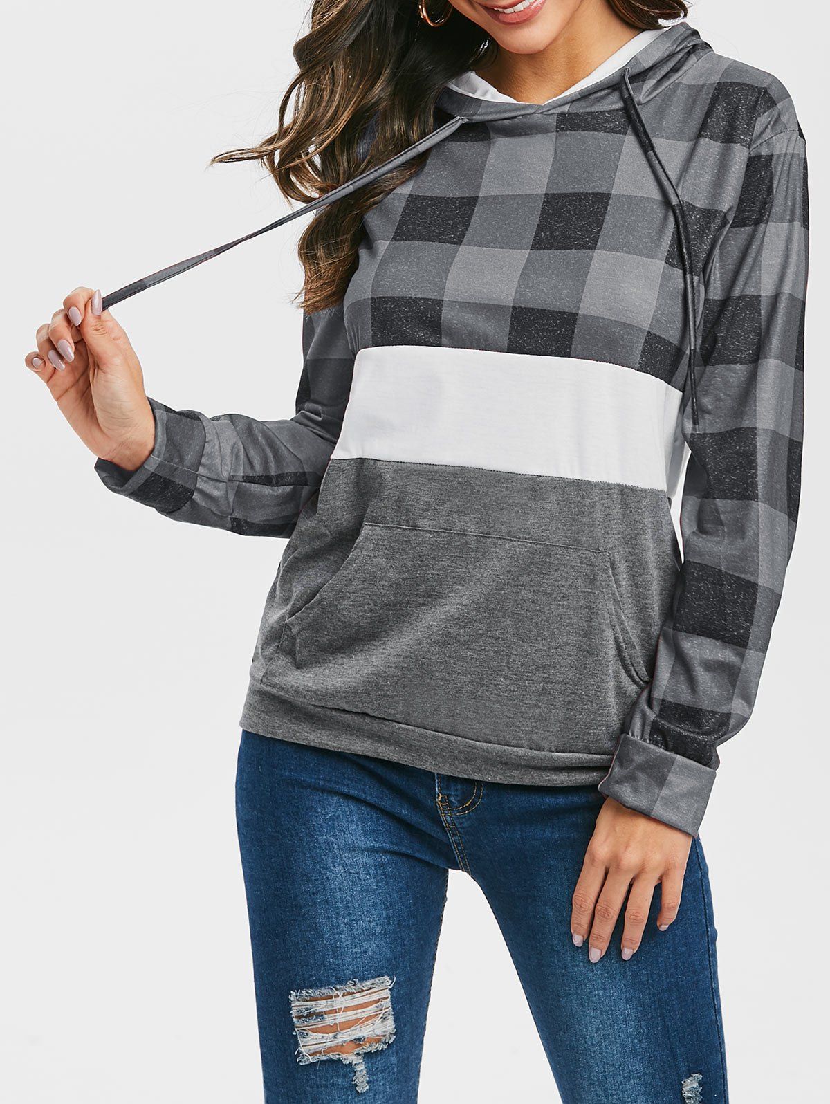 

Checked Front Pocket Drawstring Hoodie, Gray