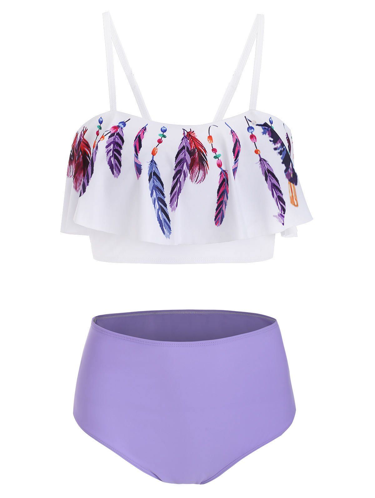 

Feather Print Overlay Wire Free Tankini Set, Mauve