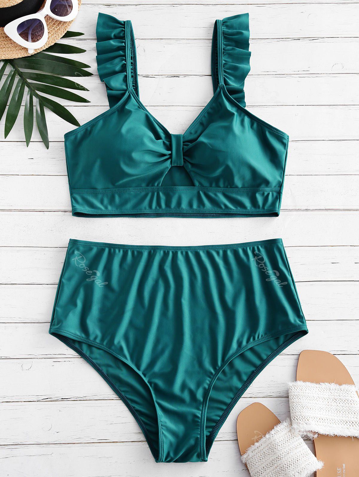 

Ruffled Straps Cut Out Plus Size Bikini Swimsuit, Greenish blue