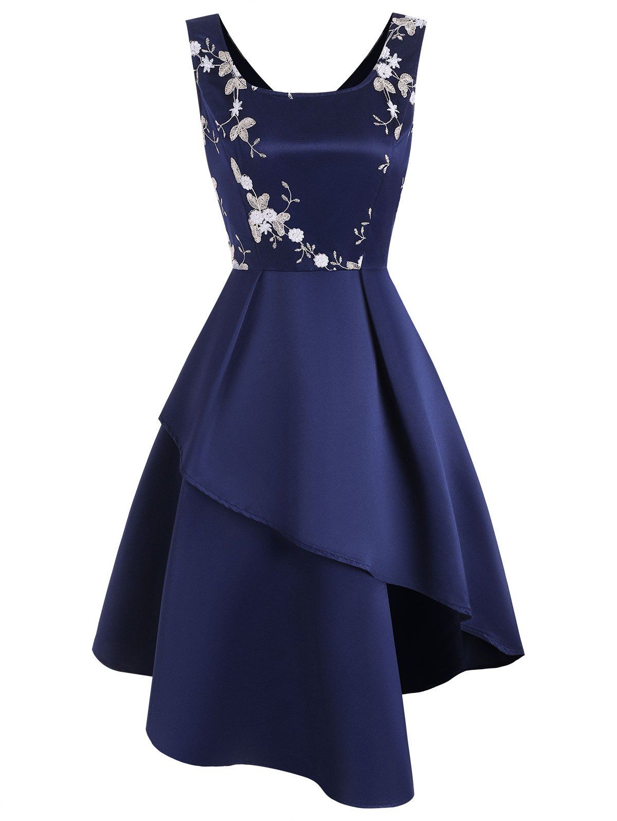 

Sleeveless Floral Embroidered Asymmetrical Dress, Deep blue