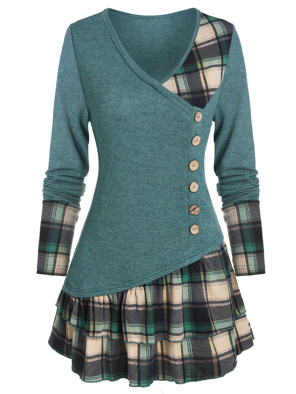 

Plaid Print Mock Button V Neck Layered T-shirt, Peacock blue