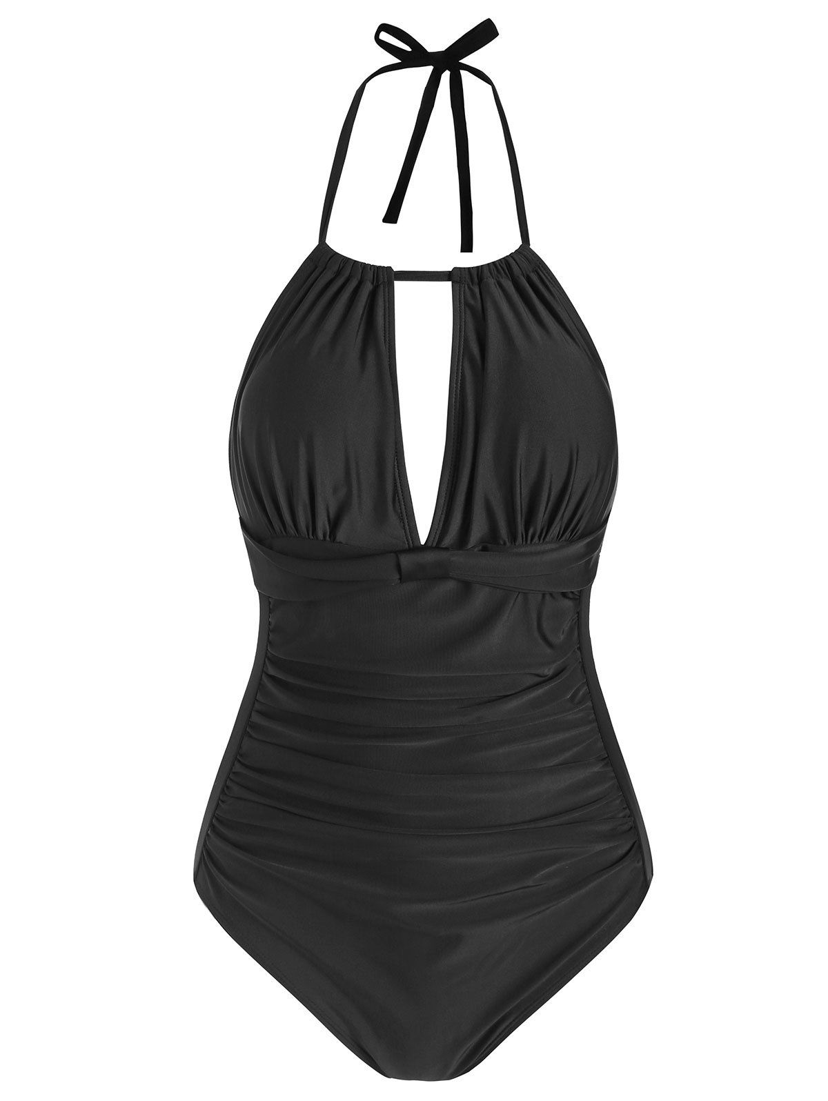 

Halter Ruched Bow Keyhole One-piece Swimsuit, Black