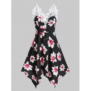 

Flower Print Lace Insert Sleeveless Handkerchief Dress, Black