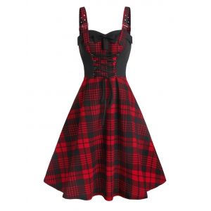 

Buckle Lace Up Plaid Dress, Red wine