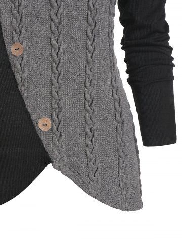 

Cable Knit Mock Button O-ring Ribbed Contrast Sweater, Gray