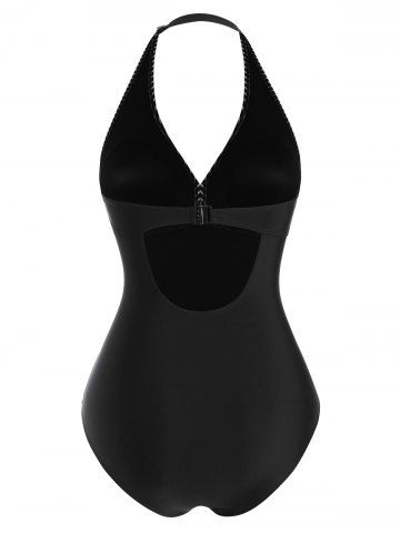 

Plus Size Striped Twist-front Halter One-piece Swimsuit, Black