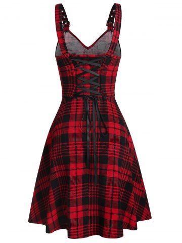 

Plaid Buckles Eyelet Lace Up Dress, Red wine