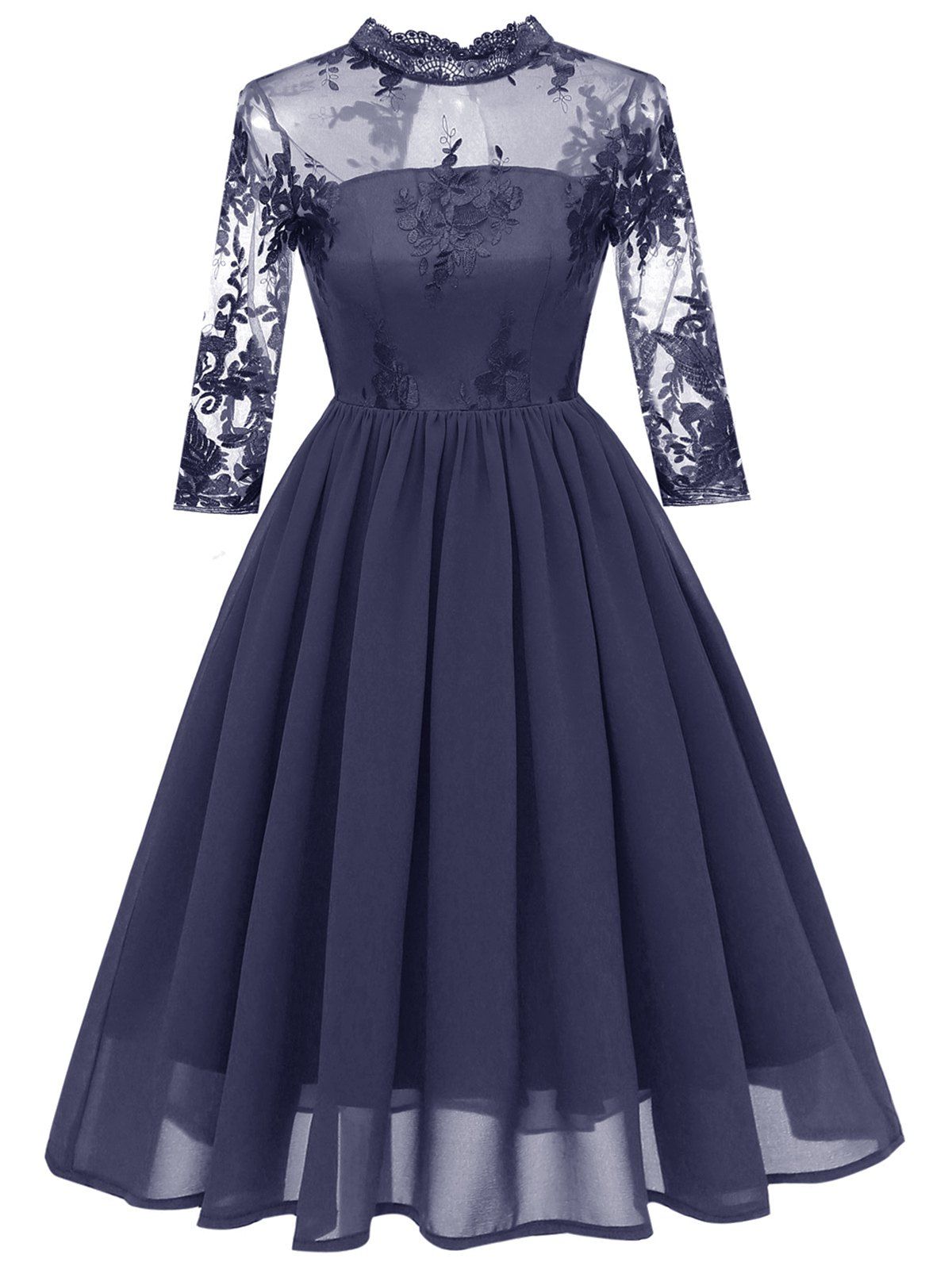 

Floral Embroidered Mesh Panel Lace Trim Dress, Cadetblue
