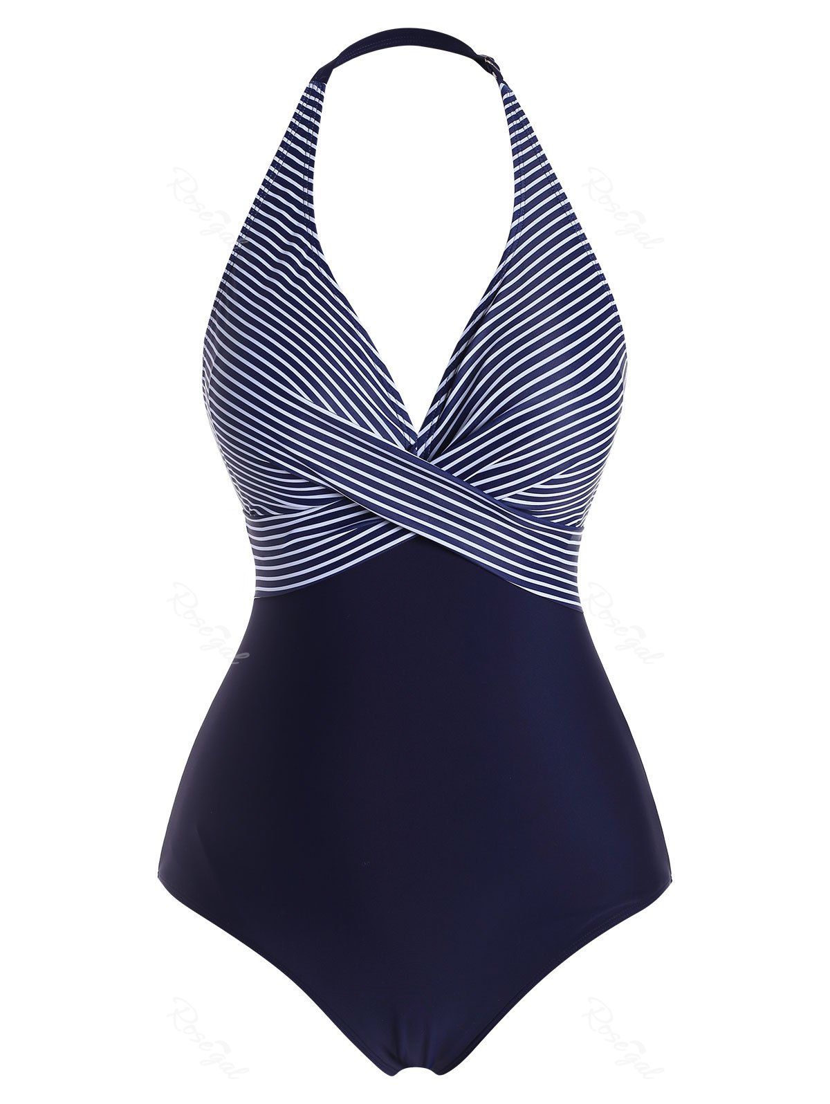 

Plus Size Striped Twist-front Halter One-piece Swimsuit, Cadetblue