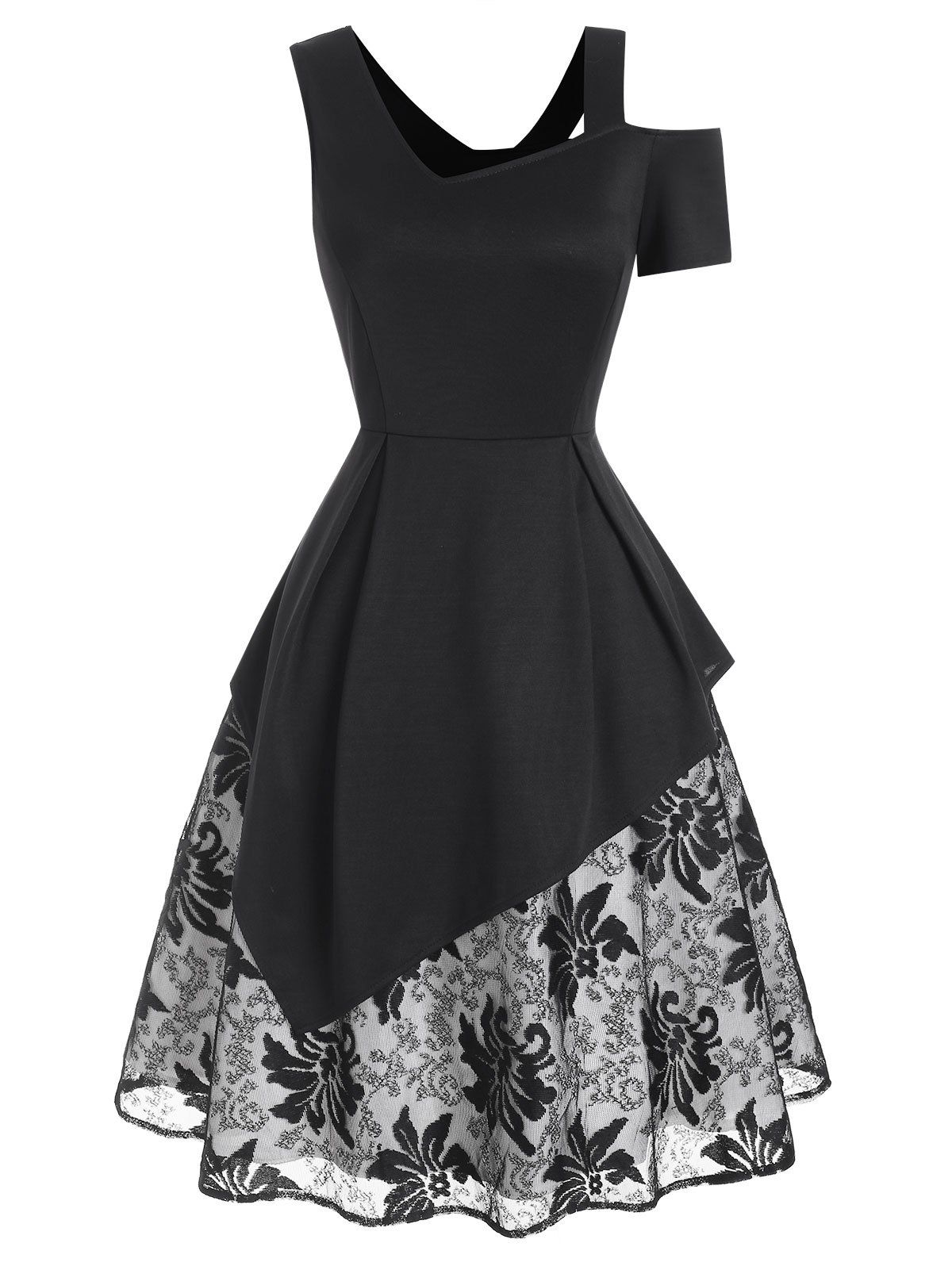 

Skew Neck Lace Panel Asymmetrical Overlay Dress, Black